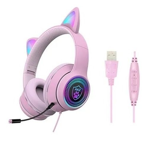 Audífonos Gamer Con Cable Diseño De Oreja Gato Usb Micrófono