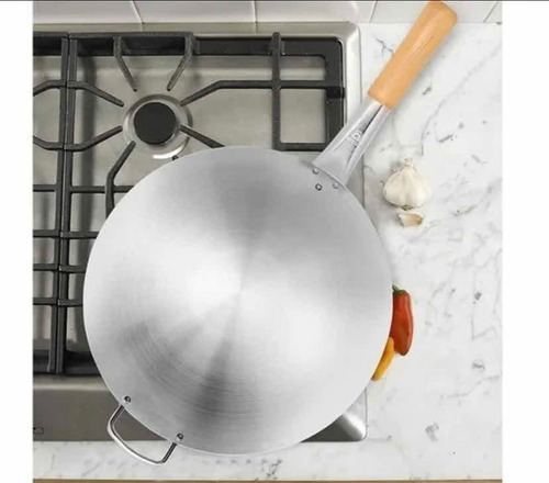 3 Sarten Wok Chino 36 Cm Acero Inoxidable Mango De Madera Color Plateado