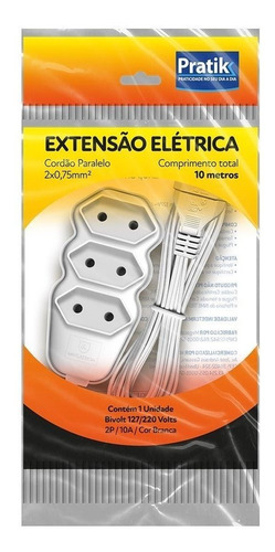 Extensão Pratik Fio Paralelo 2x0,75mm 3 Tomadas 10m Branco