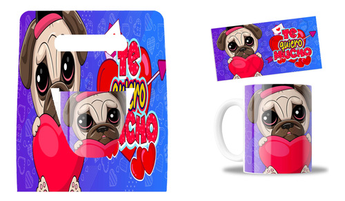 Kit Taza Y Caja, Pug, Frase Te Quiero Mucho, Tierno, 11oz