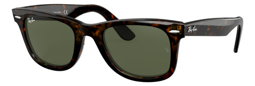 Anteojos de sol Ray-Ban Wayfarer Classic Low Bridge Fit Standard con marco de acetato color gloss tortoise, lente green de cristal clásica, varilla gloss tortoise de acetato - RB2140F