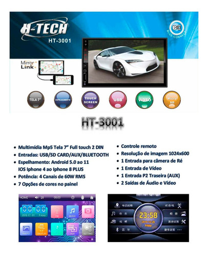 Imagem 5 de 9 de Central Mp5 7 Ht-3001 Usb Bt Aux Espelhamento Android E Ios