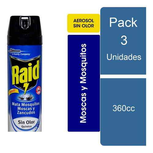 Pack 3 Insecticida Mata Moscas Mosquitos Sin Olor 360cc Raid