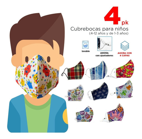 4 Cubrebocas De Tela Para Niños / Porta Filtro /3 Capas
