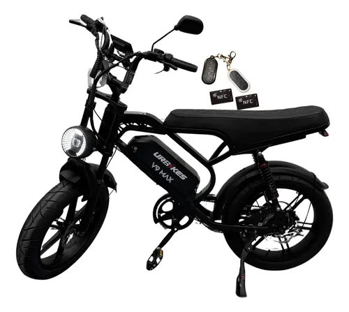 Bicicleta Elétrica Urbikes V9 Max 1000w na cor preta, com freio hidráulico e acessórios como chaves de controle remoto e cartões NFC, isolada em fundo branco.