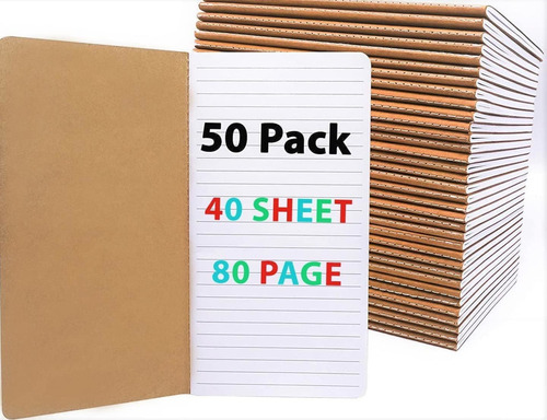 Paquete De 50 Cuadernos De Bolsillo De Papel Kraft, A Rayas;