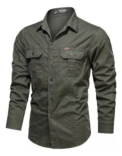 Camisa Cargo Militar Con Botones De Manga Larga Para Hombre