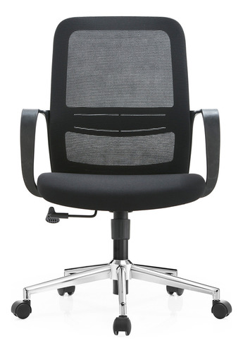 Silla De Oficina Bari Ejecutiva Ergonómica Con Respaldo De Malla Transpirable, Altura Ajustable, Base Cromada De 5 Ruedas, Soporte Lumbar Fijo, Color Negro, Soporta Hasta 90 Kg