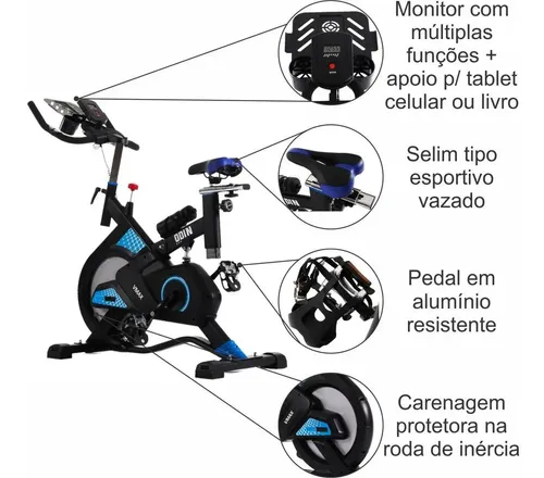 Bicicleta Ergométrica Spinning Mecanica 13kg Vmax Odin Fit Cor Preta e Azul