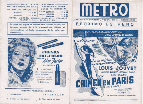 1948 Programa Cine Metro Louis Jouvet Quai Des Orfevres Raro