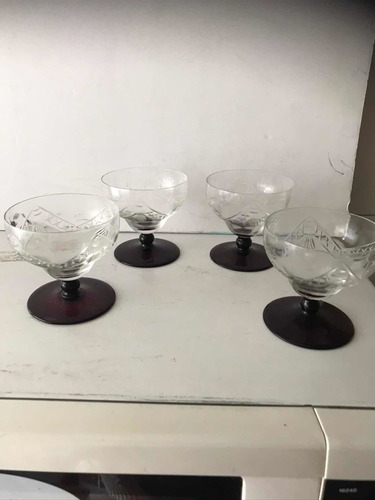 4 Copas De Vidrio Tallado Base Bordeaux Para Postre O Champa