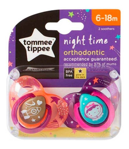 Chupones Tommee Tippee Night Time 6-18m Rosado X 2 Unidades