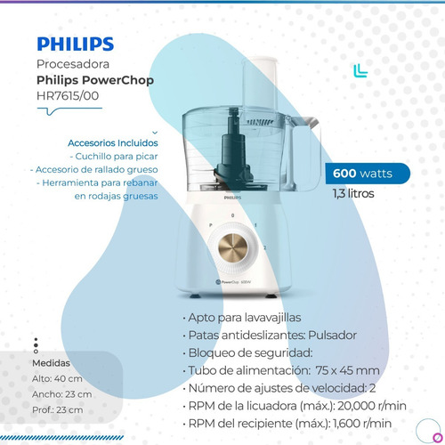 Procesadora Philips Blanca Powerchop 600w Hr7615/00