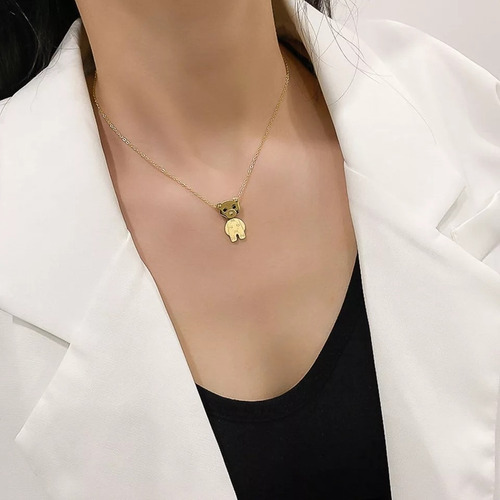 Imagen 4 de 10 de Collar Dije Oso Movible Acero Dorado Mujer Regalo Amor Novia
