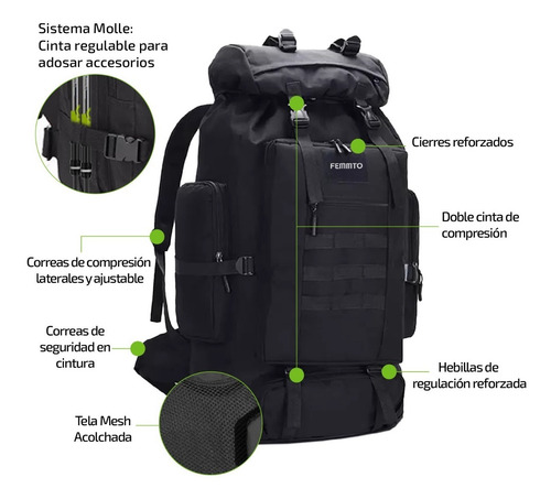 Imagen 2 de 8 de Mochila Tactica Ampliable De Camping 70-100 Litros Mochilero
