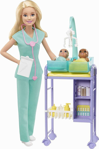 Barbie Set De Pediatra Rubia Con Gemelos 