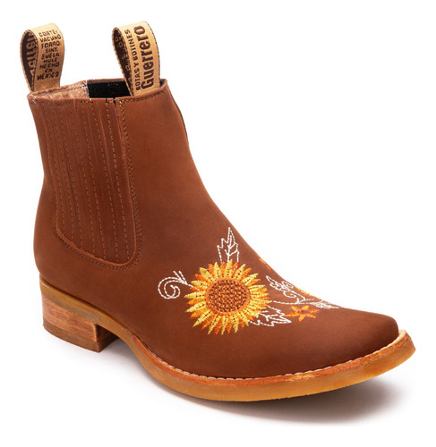 Botin Vaquero De Piel Color Oro Para Dama Bordado Girasol 