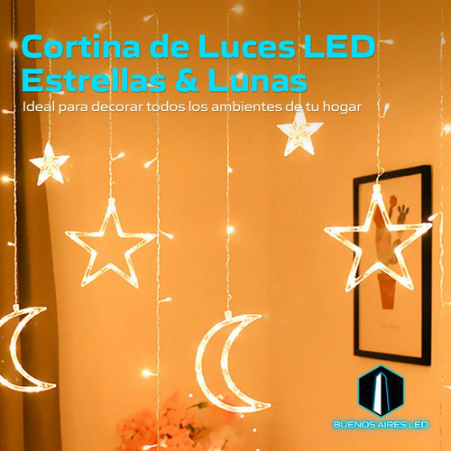 Imagen 5 de 9 de Cortina Led Luces Estrellas Lunas 3 Metros Calido 220v Full
