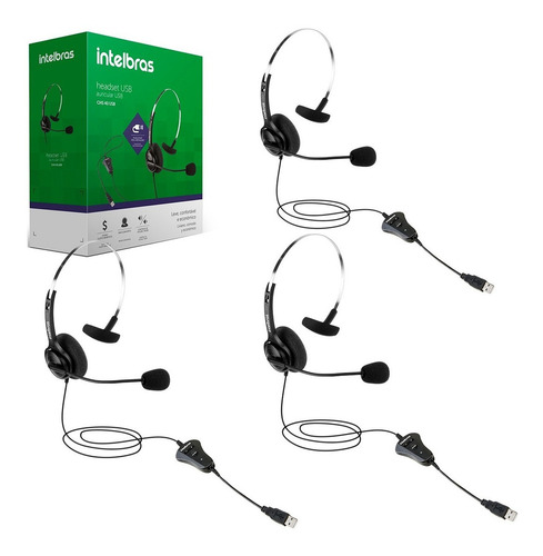 Kit 3x Headset Corporativo Mono Usb Chs 40 Usb Intelbras