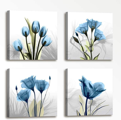 Set 4 Cuadros Decorativos Flores Azules Canvas Sala 40x40cm