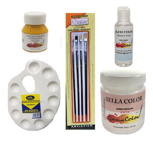 Kit Pintura En Tela:pinturas+sellador+godete+pinceles+flexic