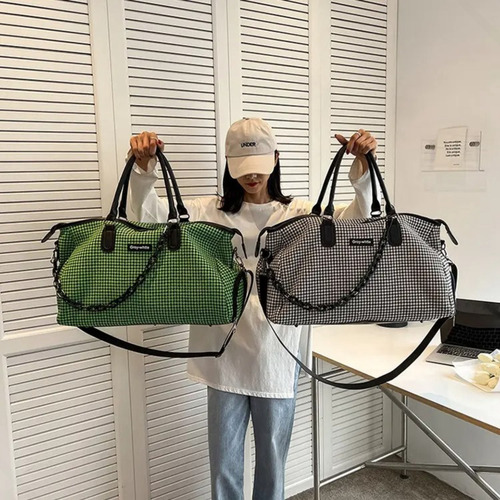 Bolsa Grande Ginástica Esporte Viagem Trabalho Impermeável Cor Verde Desenho Do Tecido Xadrez