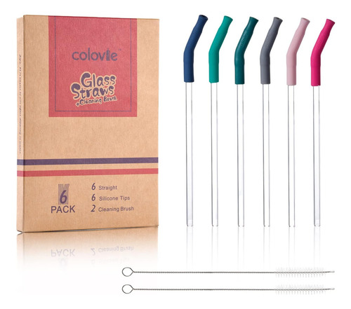 Pajitas De Vidrio Reutilizables, 6 Rectas Puntas De Silicona