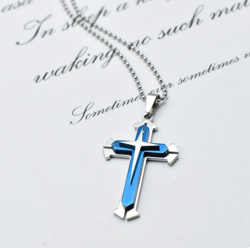 Collar Mujer Cadena Hombre Dije Cruz Metal Azul Celeste Azul