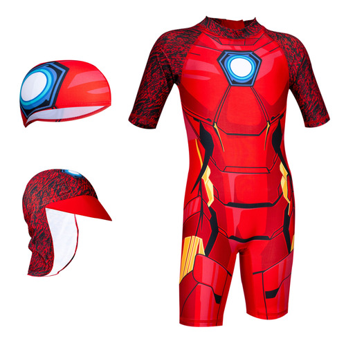 Traje De Baño Niños Ironman + Gorro Natacion + Gorro Sol