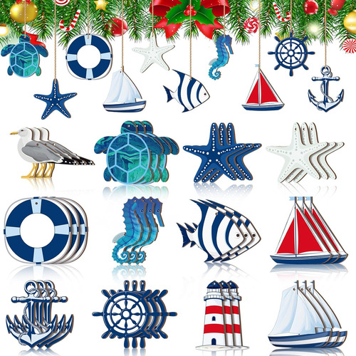 36 Adornos De Madera De Navidad Para Árbol Náutico, Decoraci