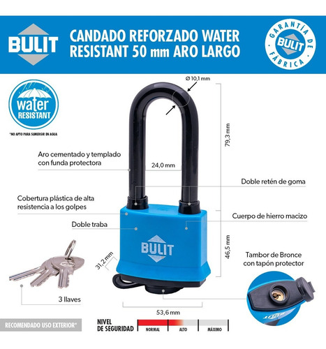 Candado Reforzado De 50mm Aro Largo Resistente Al Agua Bulit