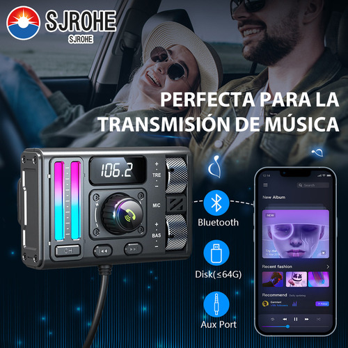Sjrohe Transmisor Fm Bluetooth Qc 3.0 Usb Carga Rápida Adaptador Pd 30w Con Led Rgb Bluetooth 5.3 Fm Receptores Bluetooth Para Auto Audio Hd Llamadas Por Bluetooth Transmisor Bluetooth Fm Color Negro