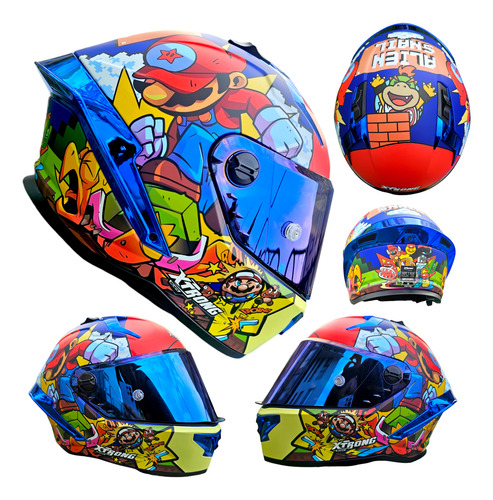 Casco Mario Bros Azul Mate Deportivo Integral Ece Xtrong