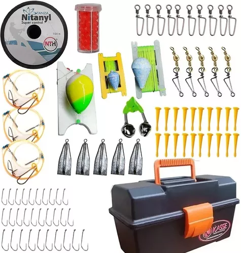 Kit de pesca caja con accesorios para pesca, anzuelos, plomos ganchos  giratorios