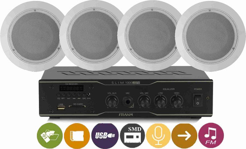 Kit Som Ambiente Frahm Slim1000 Usb Fm+ 4 Arandelas P/ Gesso