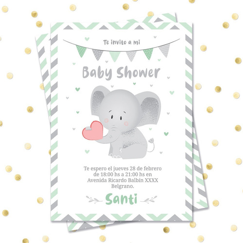 Imagen 1 de 4 de Invitación Digital + Imprimible - Elefante Baby Shower Verde