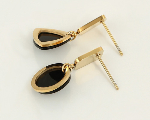 Arete Colgantes Oro 18k Lam Negro Circulo Triangulo Mujer