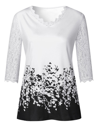 Camiseta De Encaje Con Cuello En V Para Mujer, Blusa Floral,