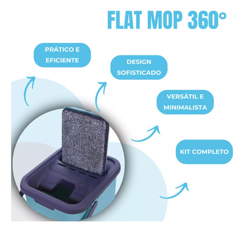 Mop Flat Rodo Giratório 360 Com Balde Lava E Seca C/ 2 Refis