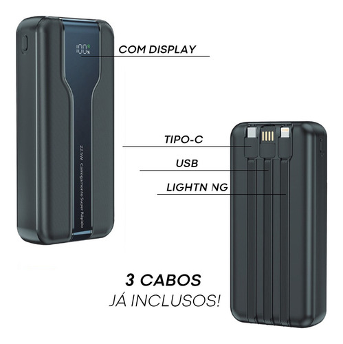 Power Bank Carregador Portatil 20000mah Turbo 22.5w Com Display 3 Cabos Usb Onn Smart Things