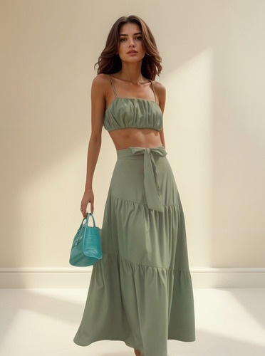 Conjunto Dos Piezas Crop Top Tirante Con Falda Larga Mujer