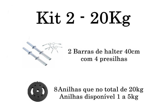 Kit Musculação 2 Barra Halter 40cm + 20kg Anilhas