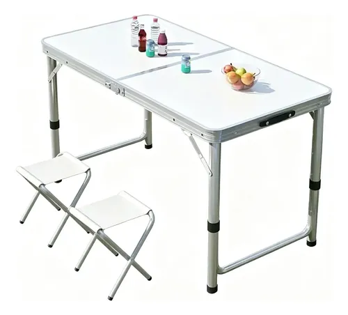 Mesa Maleta Dobrável Camping Churrasco Com 2 Banquinhos Branco