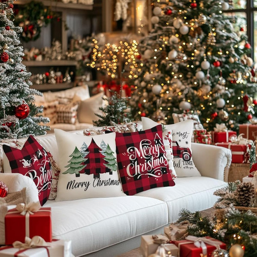 Juego 4 Fundas De Almohada Cojines De Feliz Navidad Rojo Multicolor Merry Christmas, Believe, Árbol De Navidad, Santa, Camión Navideño