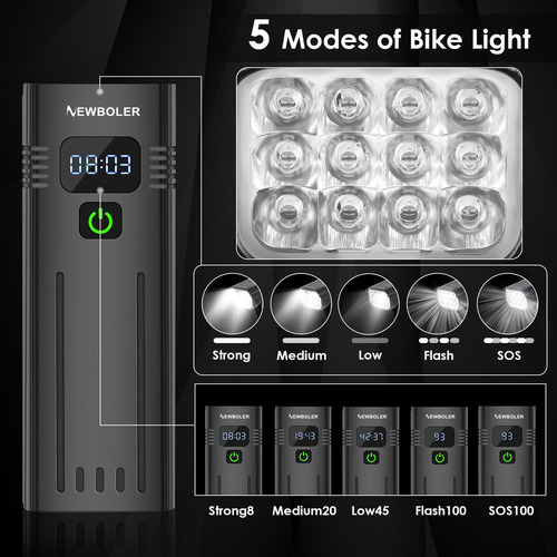 Luz De Bicicleta 12led 10000mah 5000 Lúmenes Con Luz Trasera