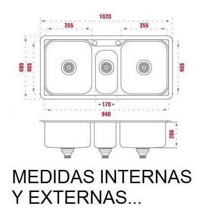 Imagen 6 de 6 de Bacha Cocina Triple Inox Starken 94 X 40 X 20 Cm Acero 304