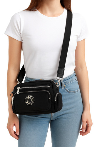 Bandolera Mujer Urbana Nylon Multifunción Correa Ajustable Negro Lisa Níquel Negro