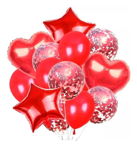 Kit 14 Globos Set Látex Metálicos Confeti Corazón Estrella