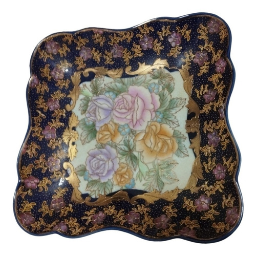 Plato De Porcelana Decorativo Azul Cobalto Flores Mide 22cm 