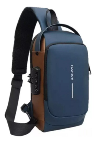 Mochila Pechera Cruzada Impermeable Antirrobo + Usb Azul Marino Liso